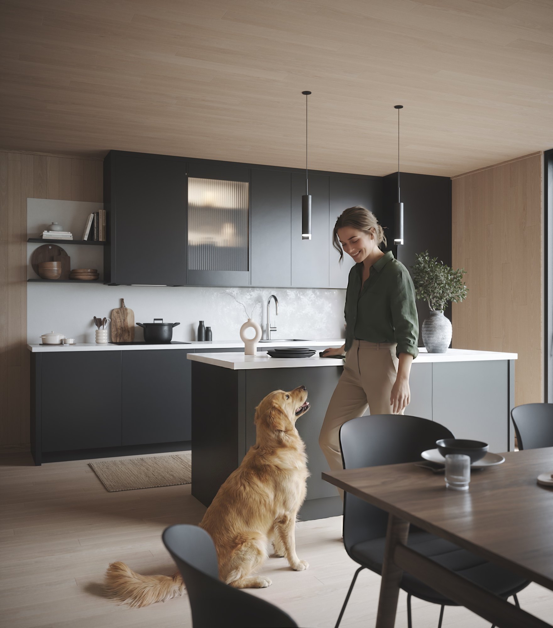 Photoreal kitchen roomset CGI with dark cabinets, dining area and lifestyle styling for a product launch (person and dog added with AI)