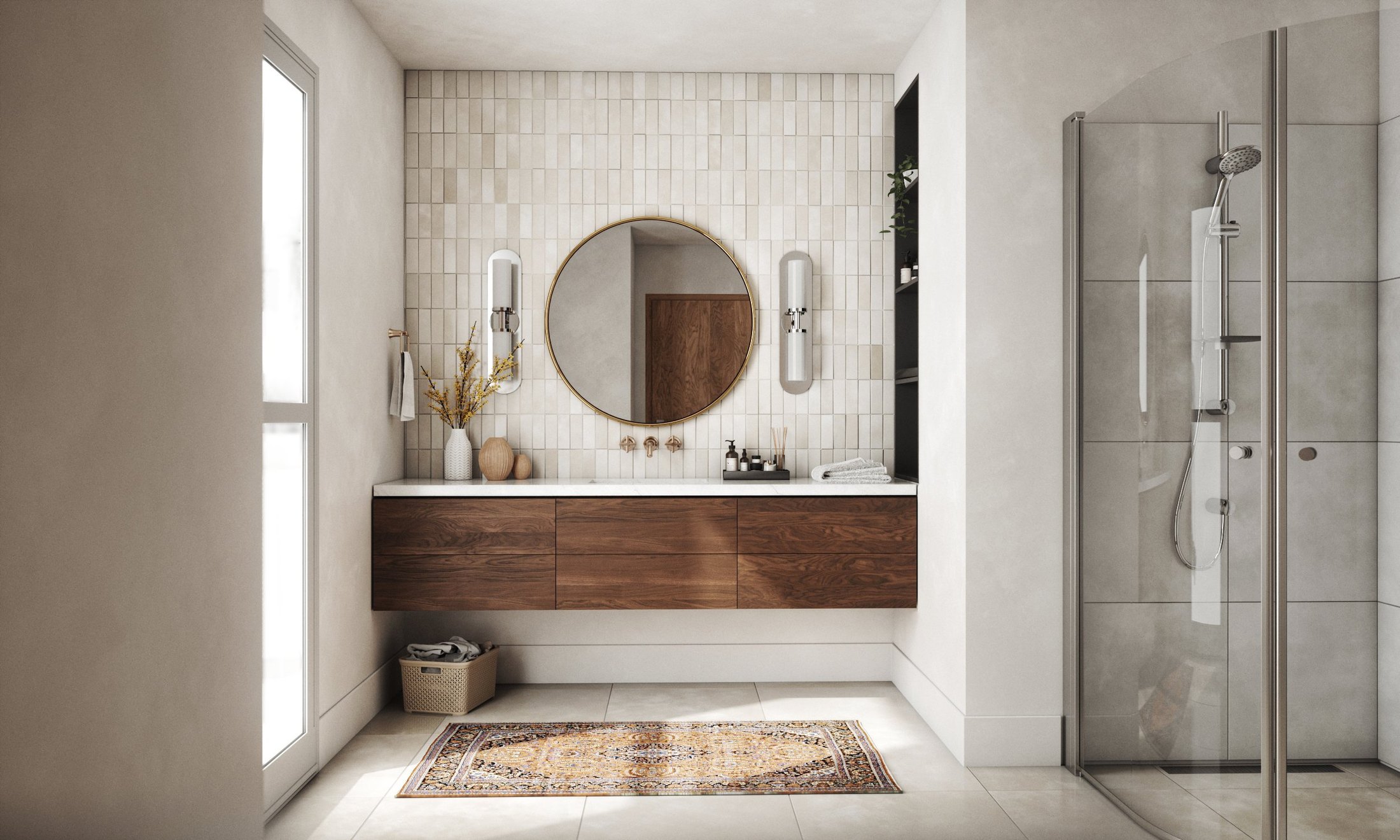 Photoreal bathroom rendering with wooden vanity, mirror, shower and tile surfaces by VizPit