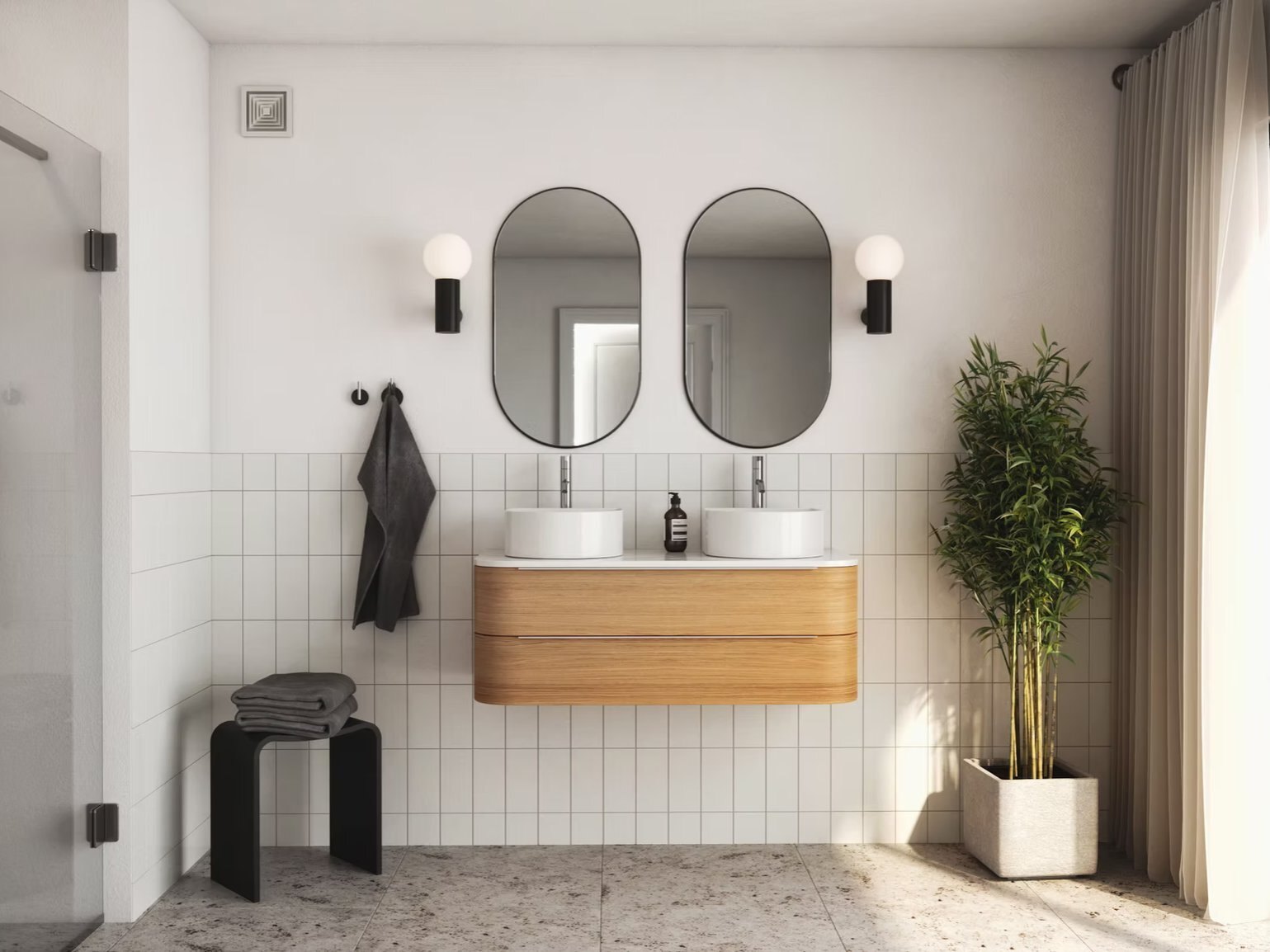 Modern bathroom CGI with double mirrors, vanity unit, tile walls and soft daylight