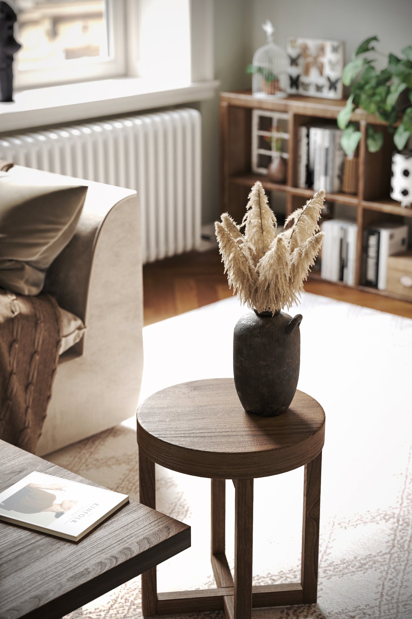 Lifestyle furniture CGI detail with side table, decor and soft residential lighting