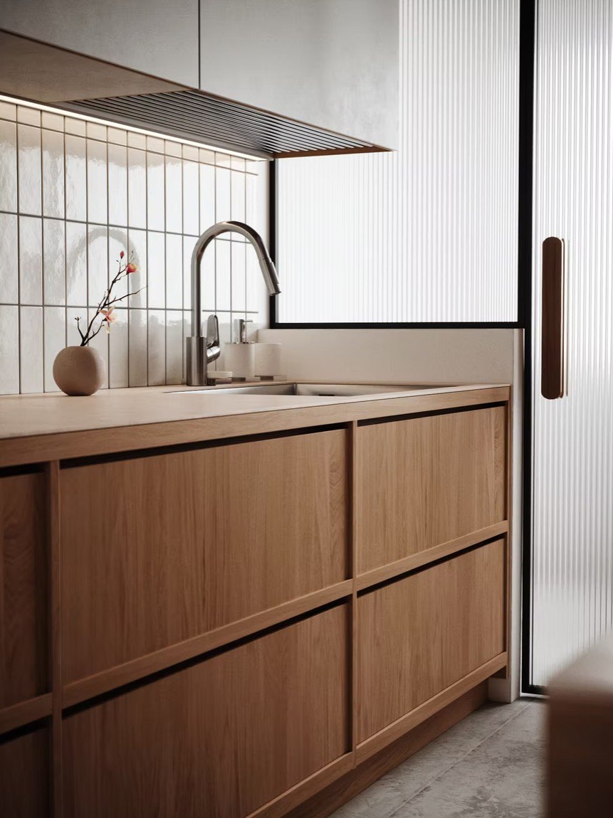Walnut kitchen cabinetry 3D render with tiled backsplash, sink area and material-focused styling