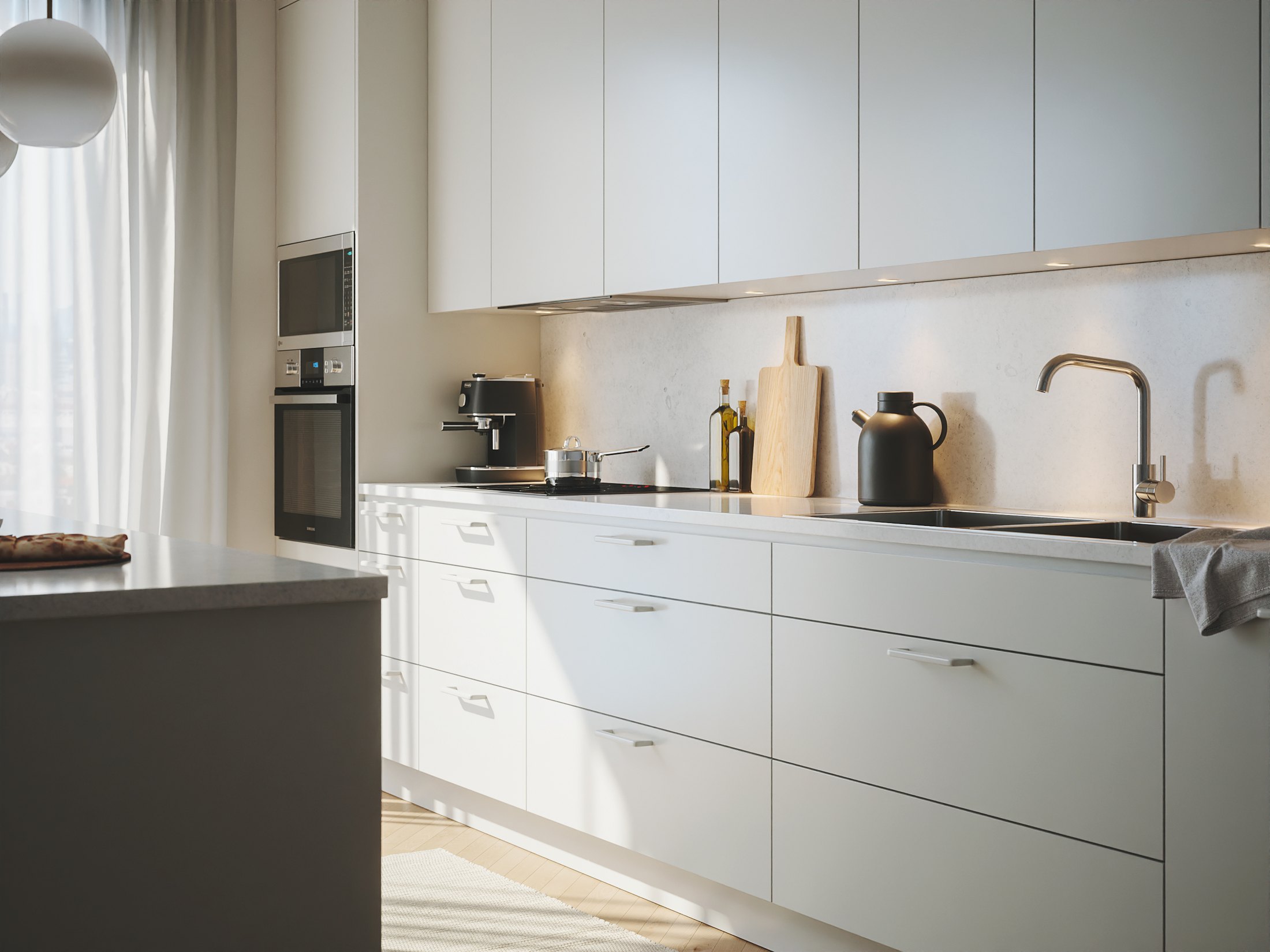 Close-up CGI detail of kitchen cabinetry, worktop, sink and tap materials by VizPit