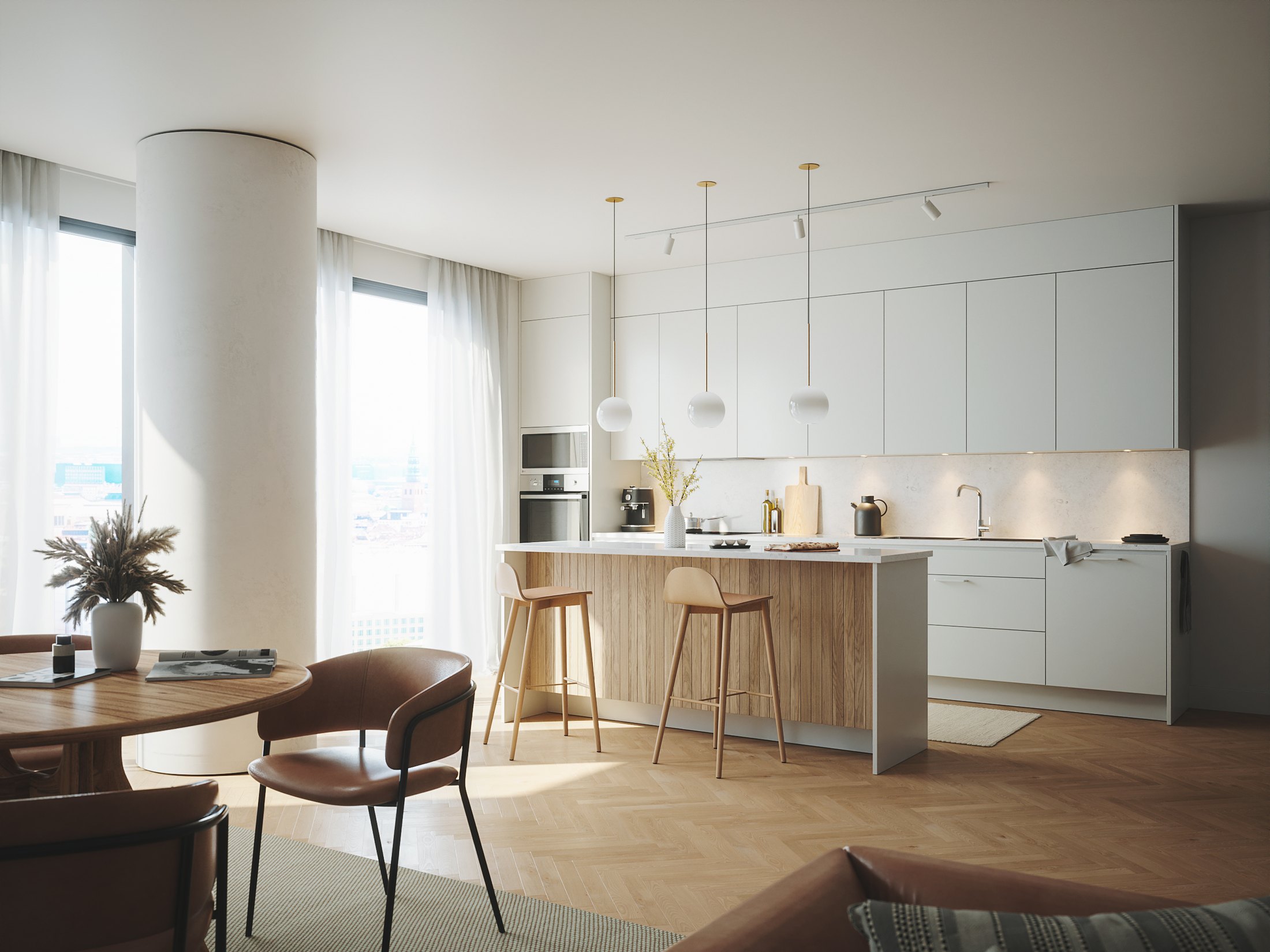 Photoreal kitchen visualization with cabinetry, island and natural daylight by VizPit